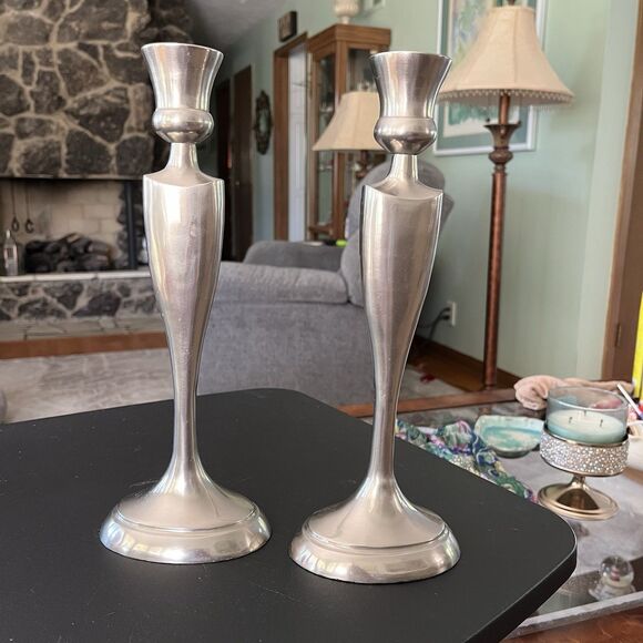 Vintage Brushed Silver Tone Pair of Taper Candlesticks Measures 11 3/4" Tall - Picture 2 of 7